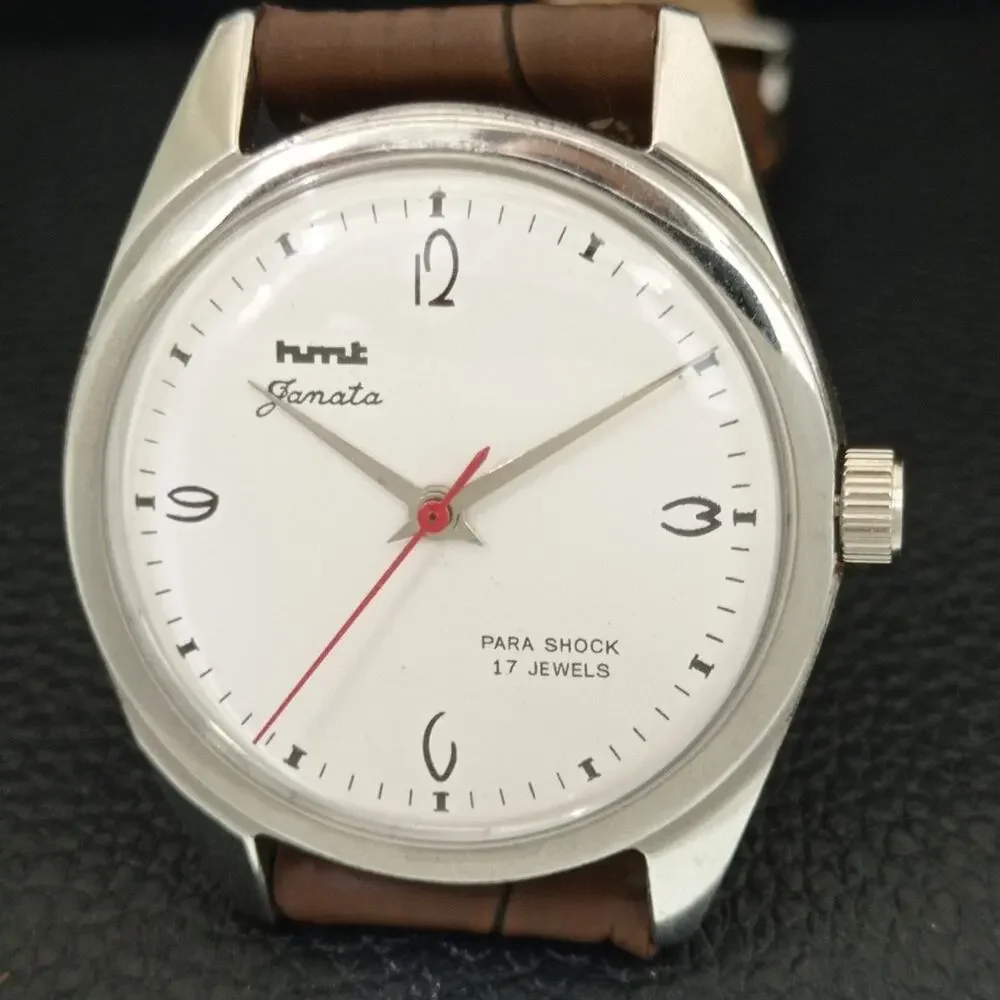 Vintage 1986 HMT Manual Wound Mens Silver Watch & White accents